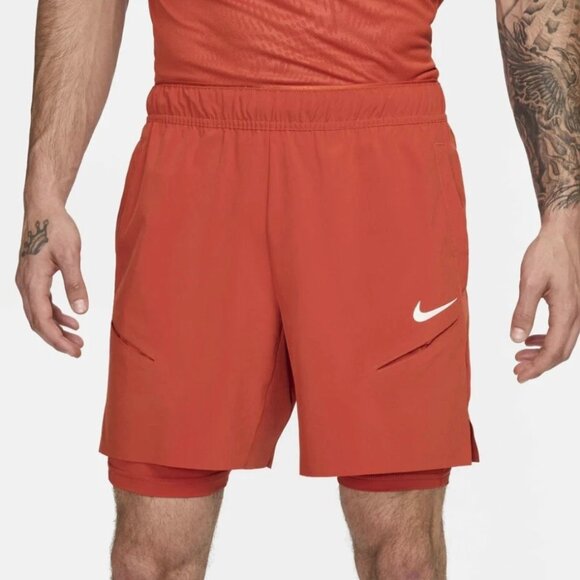 NikeCourt Slam Men's Dri-FIT Tennis Shorts 2-in-1 Rust Orange White Size XL - Picture 2 of 13
